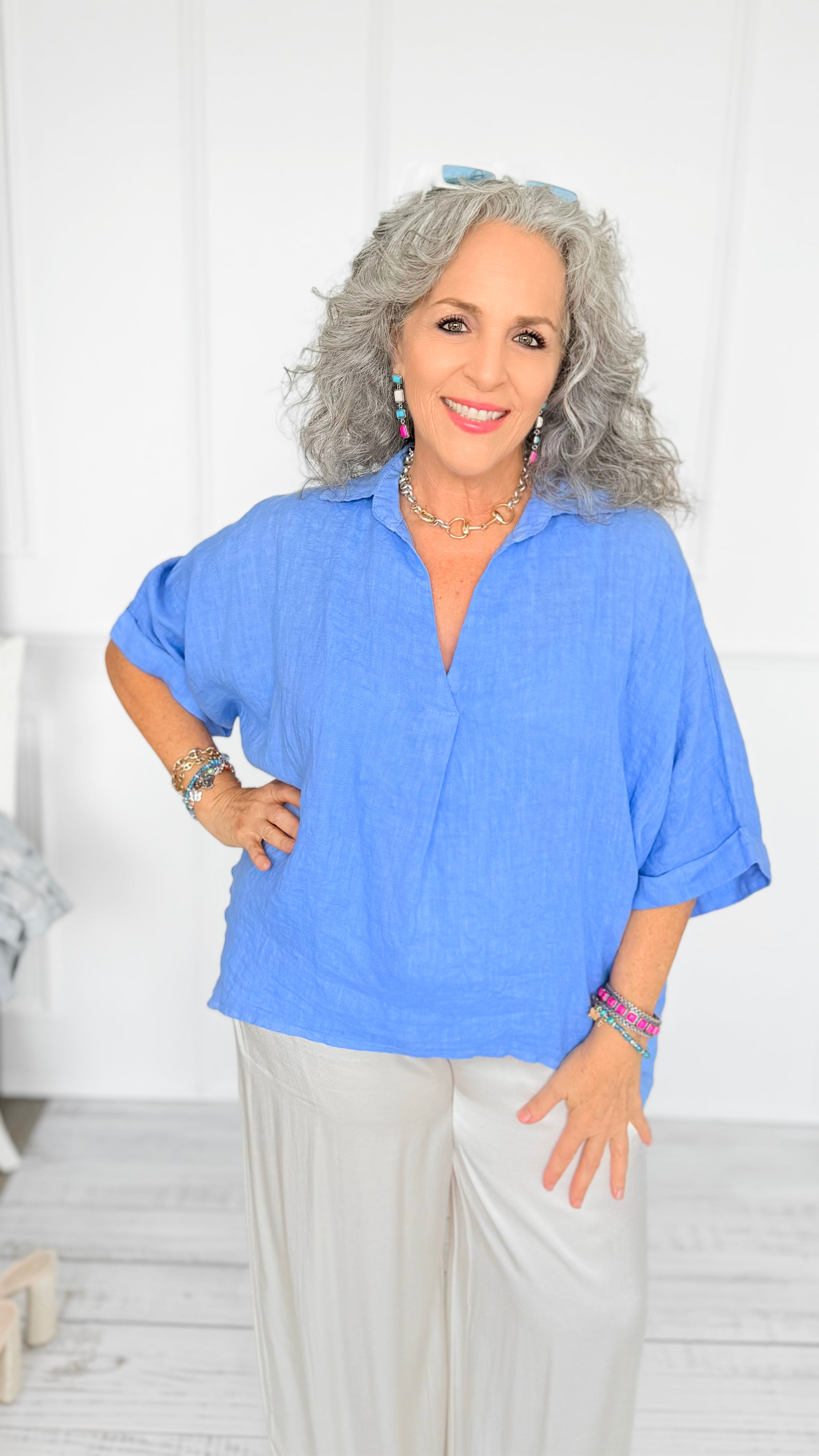 DAMAGED-Soft Days Linen Italian Button Top- Periwinkle-110 short Sleeve Top-PORCIENTO-Coastal Bloom Boutique, find the trendiest versions of the popular styles and looks Located in Indialantic, FL