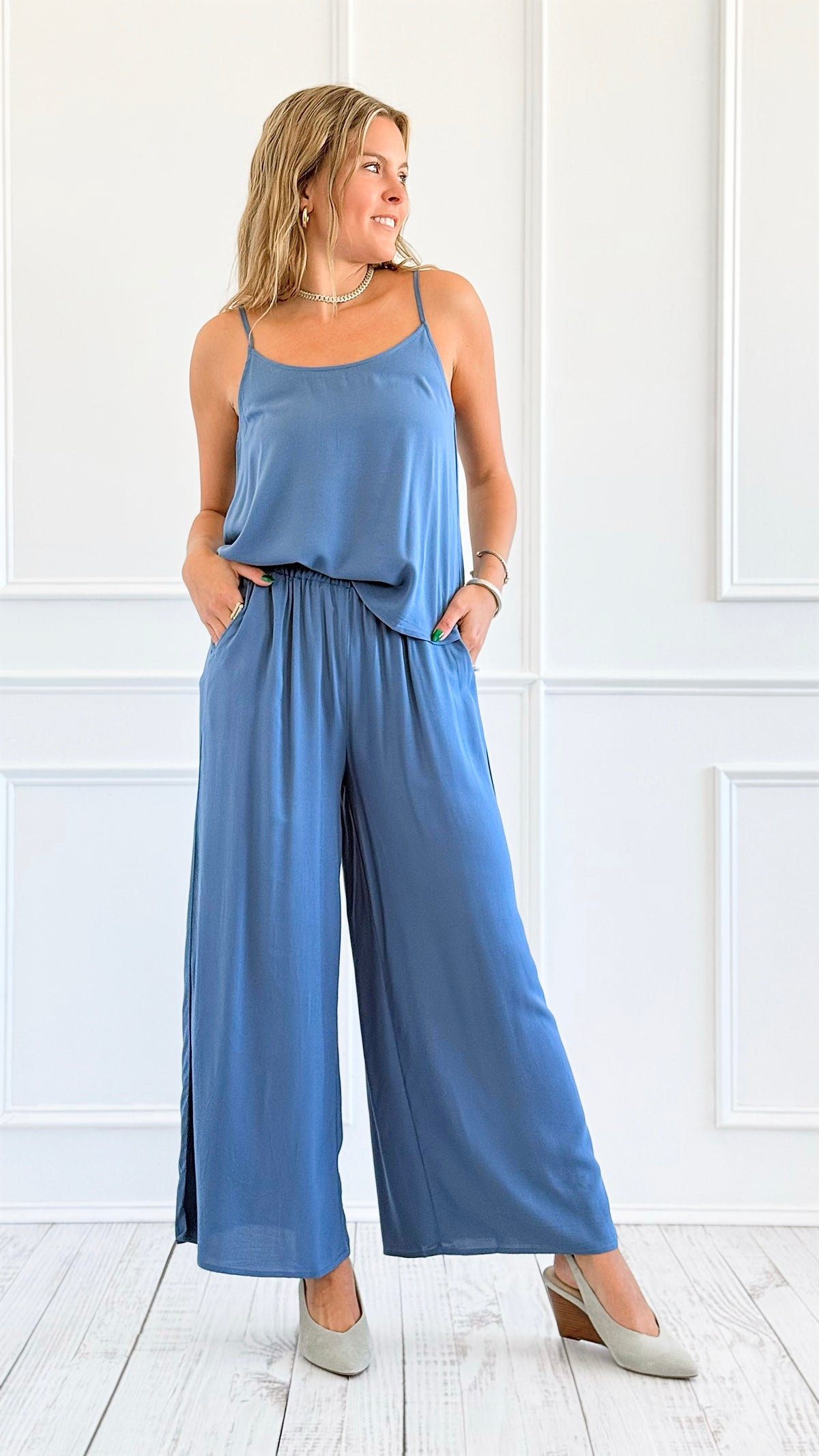 Effortlessly Chic Wide-Leg Pant and Tank Set- Dusty Blue-210 Loungewear/Sets-Zenana-Coastal Bloom Boutique, find the trendiest versions of the popular styles and looks Located in Indialantic, FL