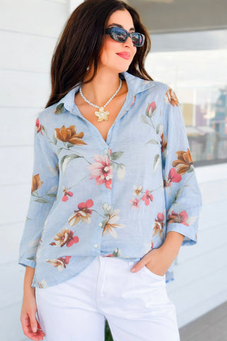 Elegant Petal Linen Italian Button Top- Light Blue