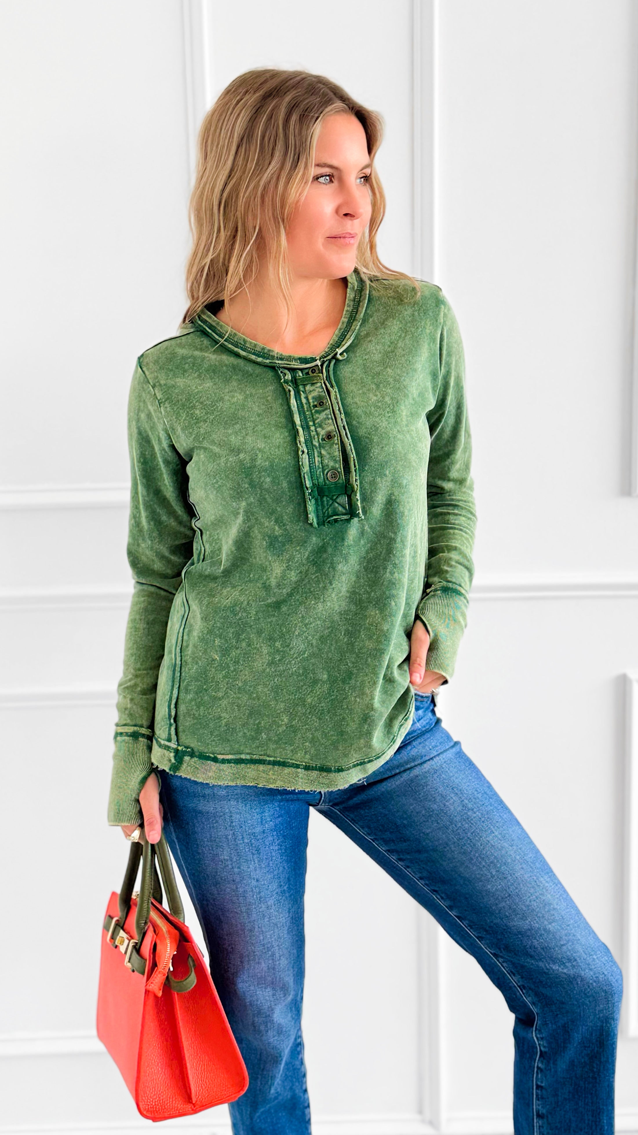 Sunday Stroll Mineral Wash Henley Top - Dk.Green-110 Long Sleeve Tops-Zenana-Coastal Bloom Boutique, find the trendiest versions of the popular styles and looks Located in Indialantic, FL