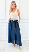Belted Italian Linen Midi Button Skirt - Navy-170 bottoms-Italianissimo-Coastal Bloom Boutique, find the trendiest versions of the popular styles and looks Located in Indialantic, FL