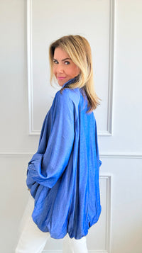 Hi-Low Draped Blouse - Denim Blue-130 Long Sleeve Tops-JJ's Fairyland-Coastal Bloom Boutique, find the trendiest versions of the popular styles and looks Located in Indialantic, FL