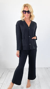 Quilted Jacket and Pants Set - Black-210 Loungewear/Sets-Zenana-Coastal Bloom Boutique, find the trendiest versions of the popular styles and looks Located in Indialantic, FL