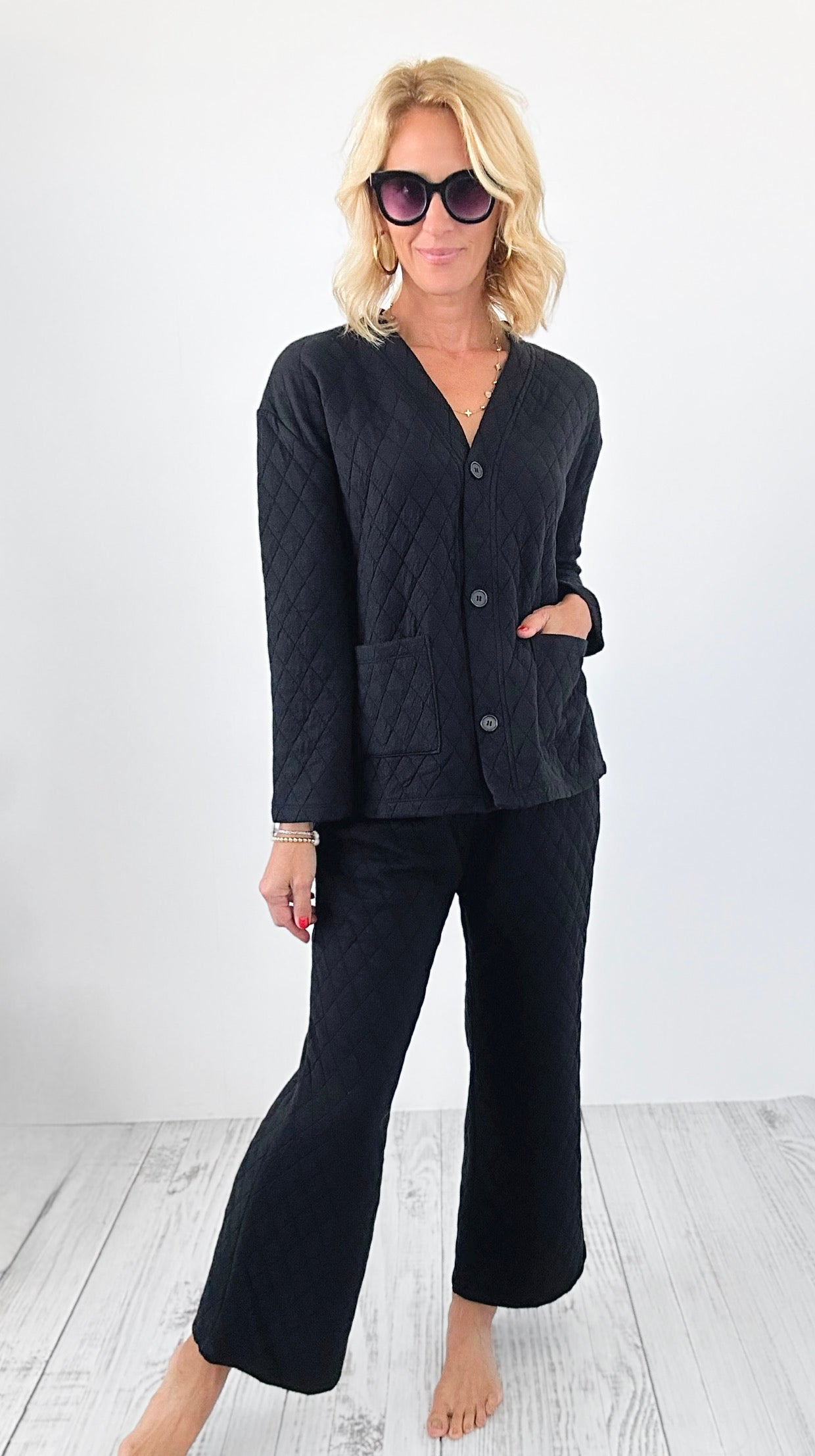 Quilted Jacket and Pants Set - Black-210 Loungewear/Sets-Zenana-Coastal Bloom Boutique, find the trendiest versions of the popular styles and looks Located in Indialantic, FL