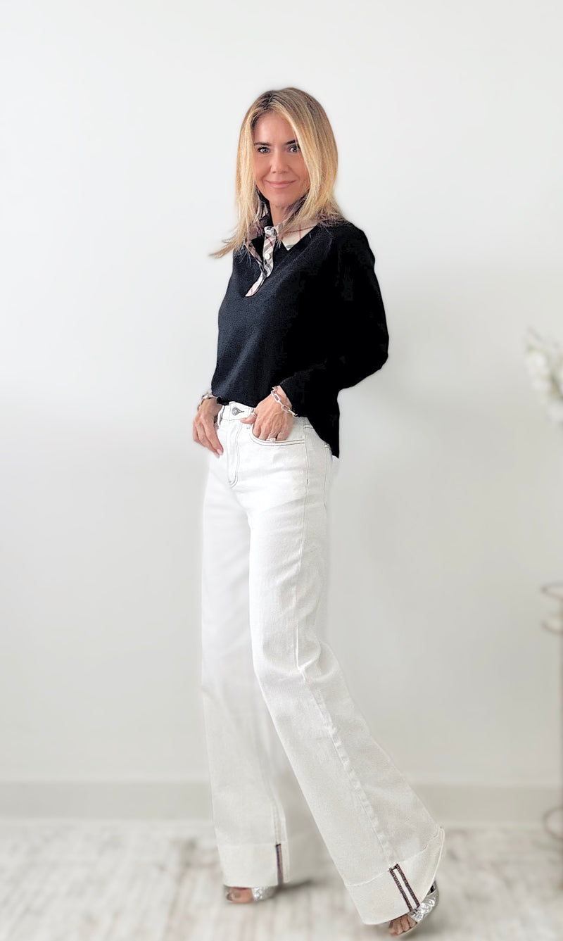 90S Stretch Cuffed Hem High Rise Straight Jeans - Off White-170 Bottoms-Anniewear-Coastal Bloom Boutique, find the trendiest versions of the popular styles and looks Located in Indialantic, FL