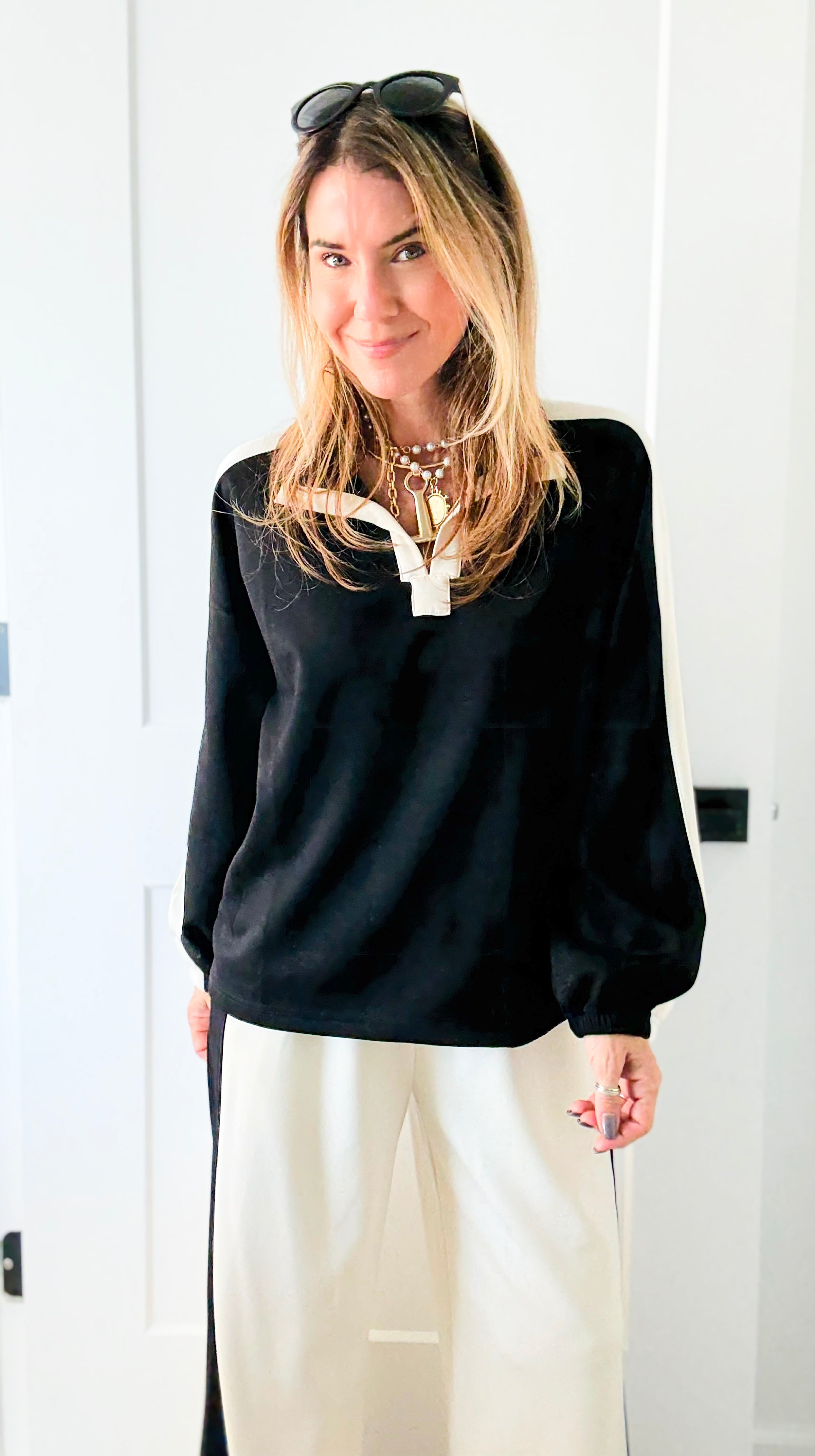 Contrast Lounge Quarter-Zip Top - Black-110 Long Sleeve Tops-JODIFL-Coastal Bloom Boutique, find the trendiest versions of the popular styles and looks Located in Indialantic, FL