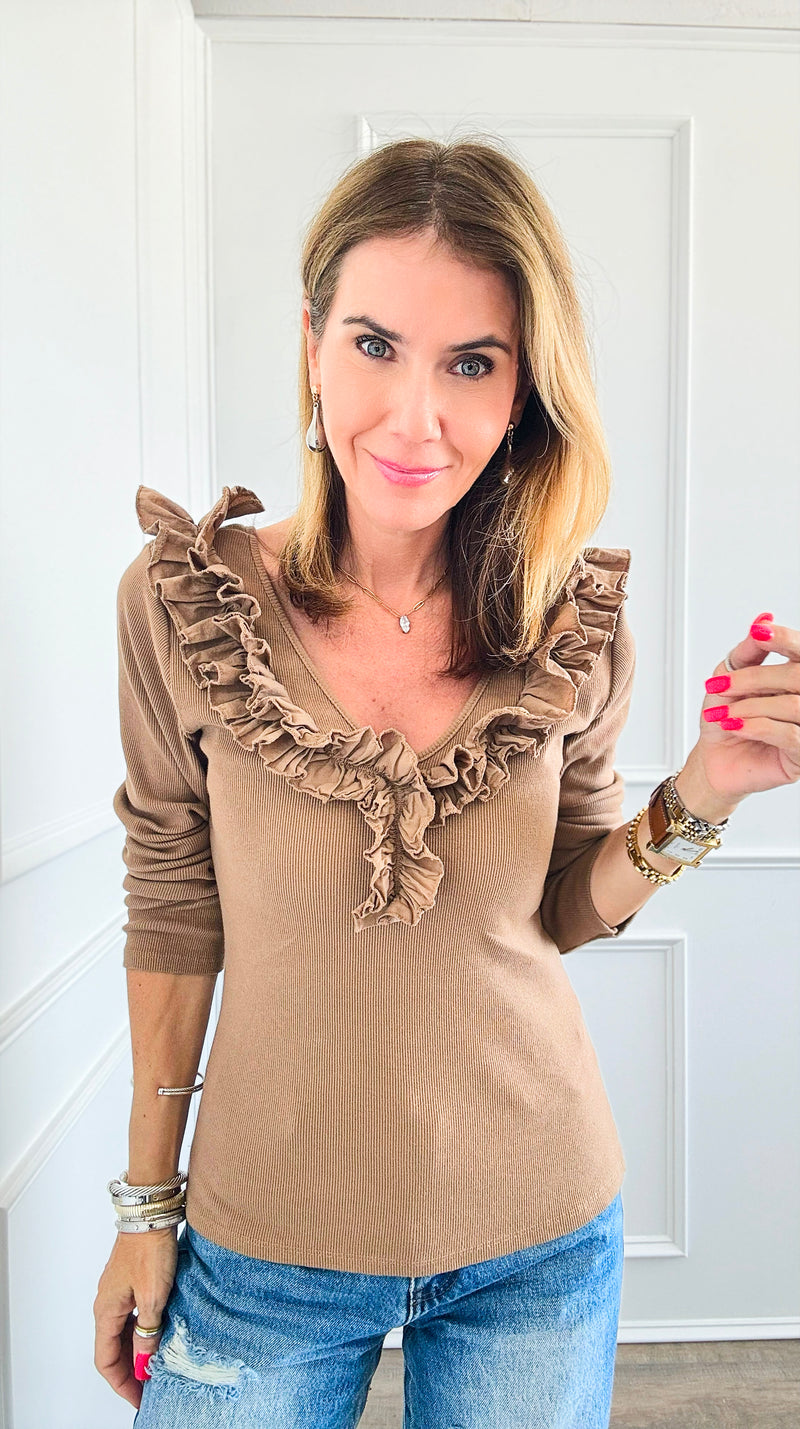 Whimsical Ruffle Italian Pullover- Camel-100 Sleeveless Tops-Italianissimo-Coastal Bloom Boutique, find the trendiest versions of the popular styles and looks Located in Indialantic, FL