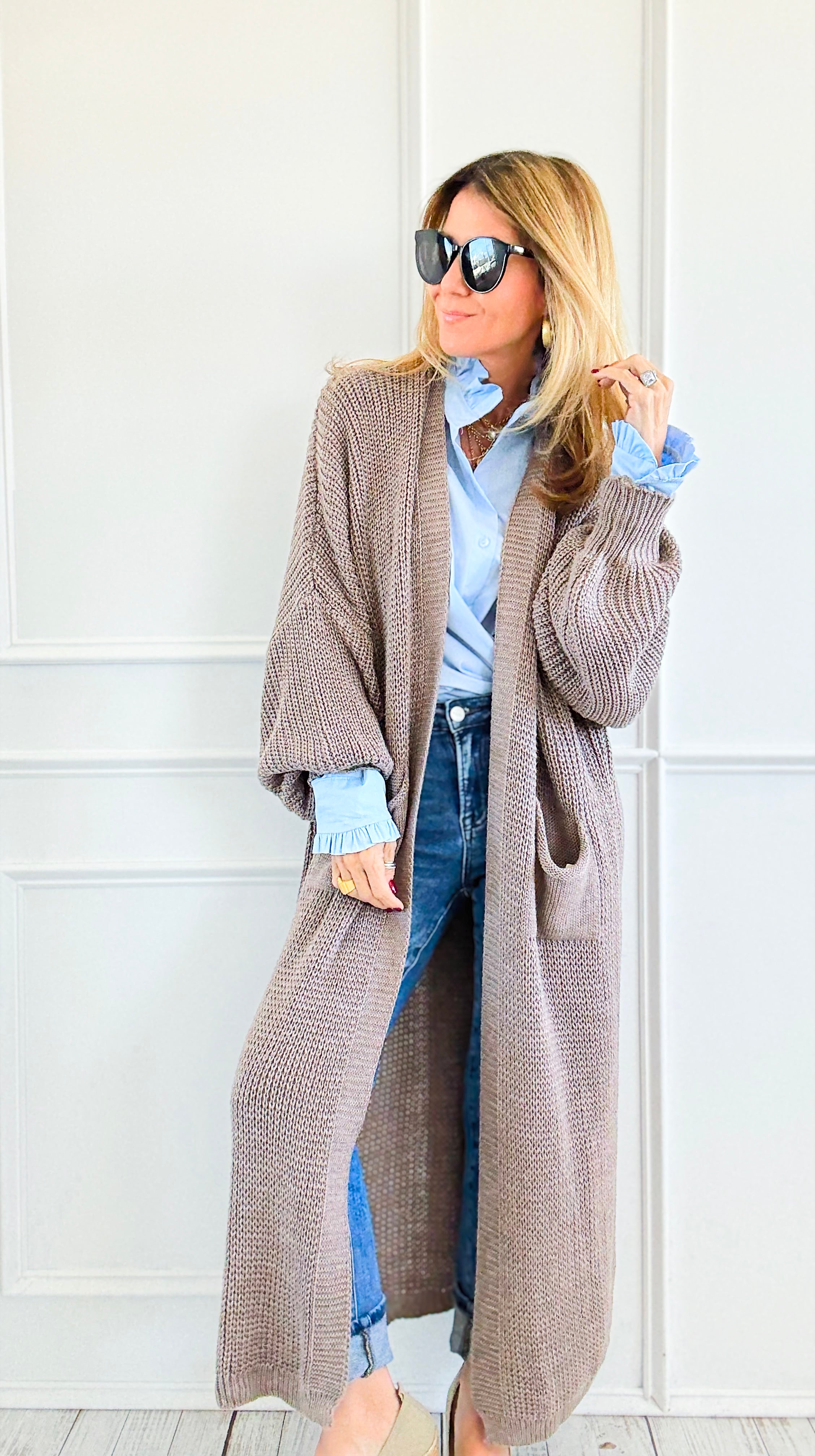 Sugar High Long Italian Cardigan - Mocha-150 Cardigans/Layers-Italianissimo-Coastal Bloom Boutique, find the trendiest versions of the popular styles and looks Located in Indialantic, FL