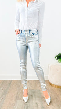 Metallic Foil Detailed Pants - Silver-170 Bottoms-Galita-Coastal Bloom Boutique, find the trendiest versions of the popular styles and looks Located in Indialantic, FL