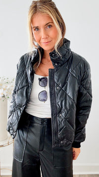 Faux Leather Quilted Puff Jacket-LOVE TREE-Coastal Bloom Boutique, find the trendiest versions of the popular styles and looks Located in Indialantic, FL