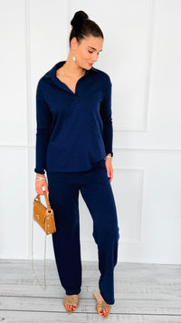 Chic & Cozy Eileen French Terry Pant Set-Dk Navy-210 Loungewear/sets-EC COLLECTION INC-Coastal Bloom Boutique, find the trendiest versions of the popular styles and looks Located in Indialantic, FL