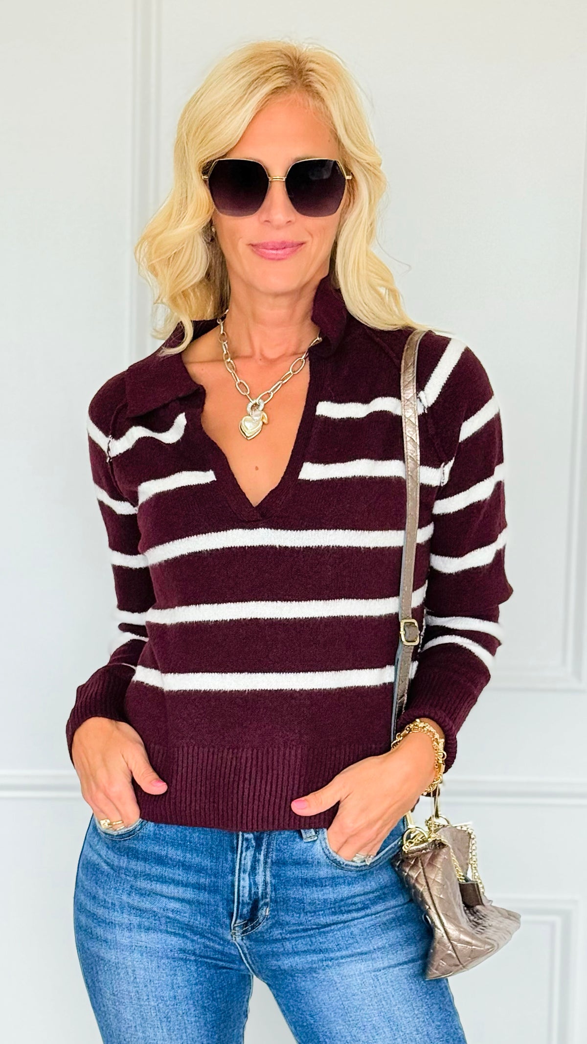 Weekend Club Striped Polo Sweater - Burgundy-140 Sweaters-LOVE TREE-Coastal Bloom Boutique, find the trendiest versions of the popular styles and looks Located in Indialantic, FL