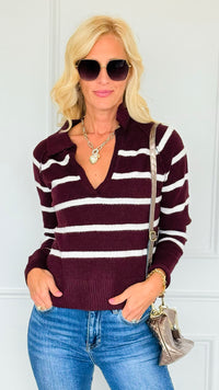 Weekend Club Striped Polo Sweater - Burgundy-140 Sweaters-LOVE TREE-Coastal Bloom Boutique, find the trendiest versions of the popular styles and looks Located in Indialantic, FL