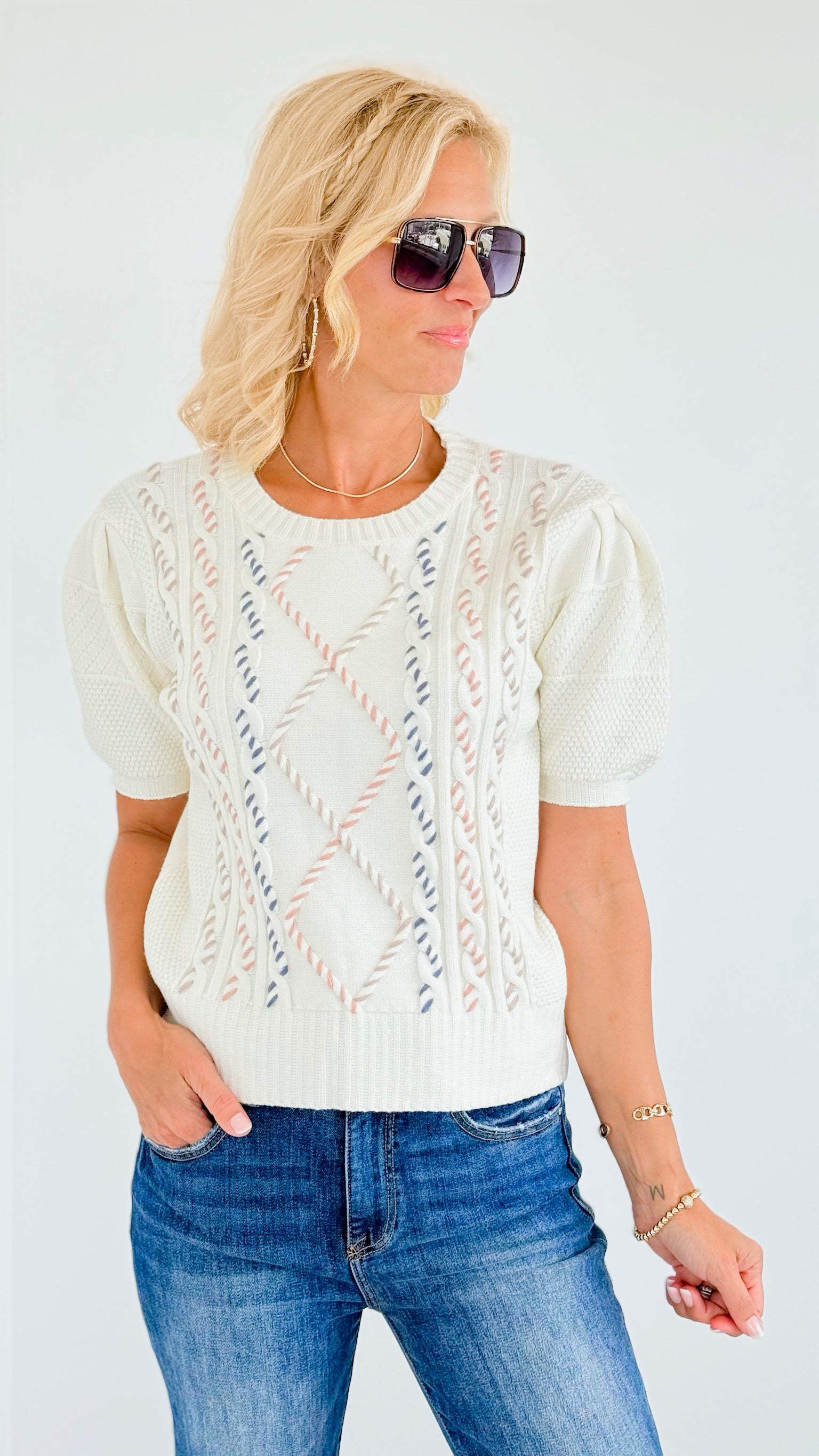 Multi Cable Stitch Knit Top-140 Sweaters-Anniewear-Coastal Bloom Boutique, find the trendiest versions of the popular styles and looks Located in Indialantic, FL