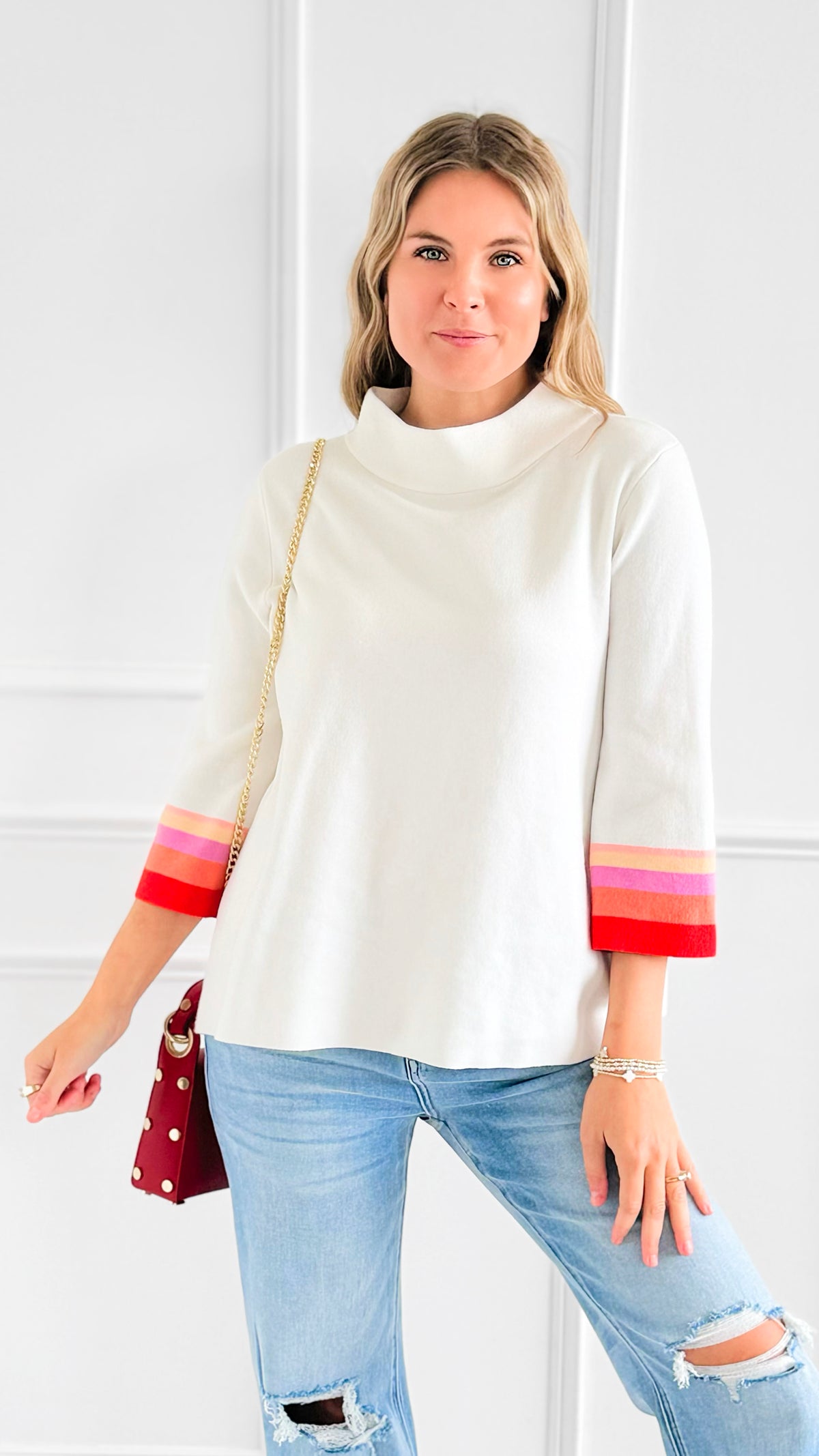 Stripe Pop Mock Neck Sweater-140 Sweaters-Fate Inc-Coastal Bloom Boutique, find the trendiest versions of the popular styles and looks Located in Indialantic, FL