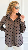 Charmed In Dots Italian Button Up Top- Brown-170 Bottoms-AZUL MONACO-Coastal Bloom Boutique, find the trendiest versions of the popular styles and looks Located in Indialantic, FL