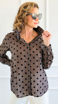 Charmed In Dots Italian Button Up Top- Brown-170 Bottoms-AZUL MONACO-Coastal Bloom Boutique, find the trendiest versions of the popular styles and looks Located in Indialantic, FL
