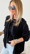 Winnette Ruffle Jacket - Black-160 Jackets-Joh Apparel-Coastal Bloom Boutique, find the trendiest versions of the popular styles and looks Located in Indialantic, FL