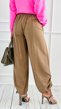 Drapey Twill Adjustable Scrunch Joggers - Mocha-170 Bottoms-Allie Rose-Coastal Bloom Boutique, find the trendiest versions of the popular styles and looks Located in Indialantic, FL