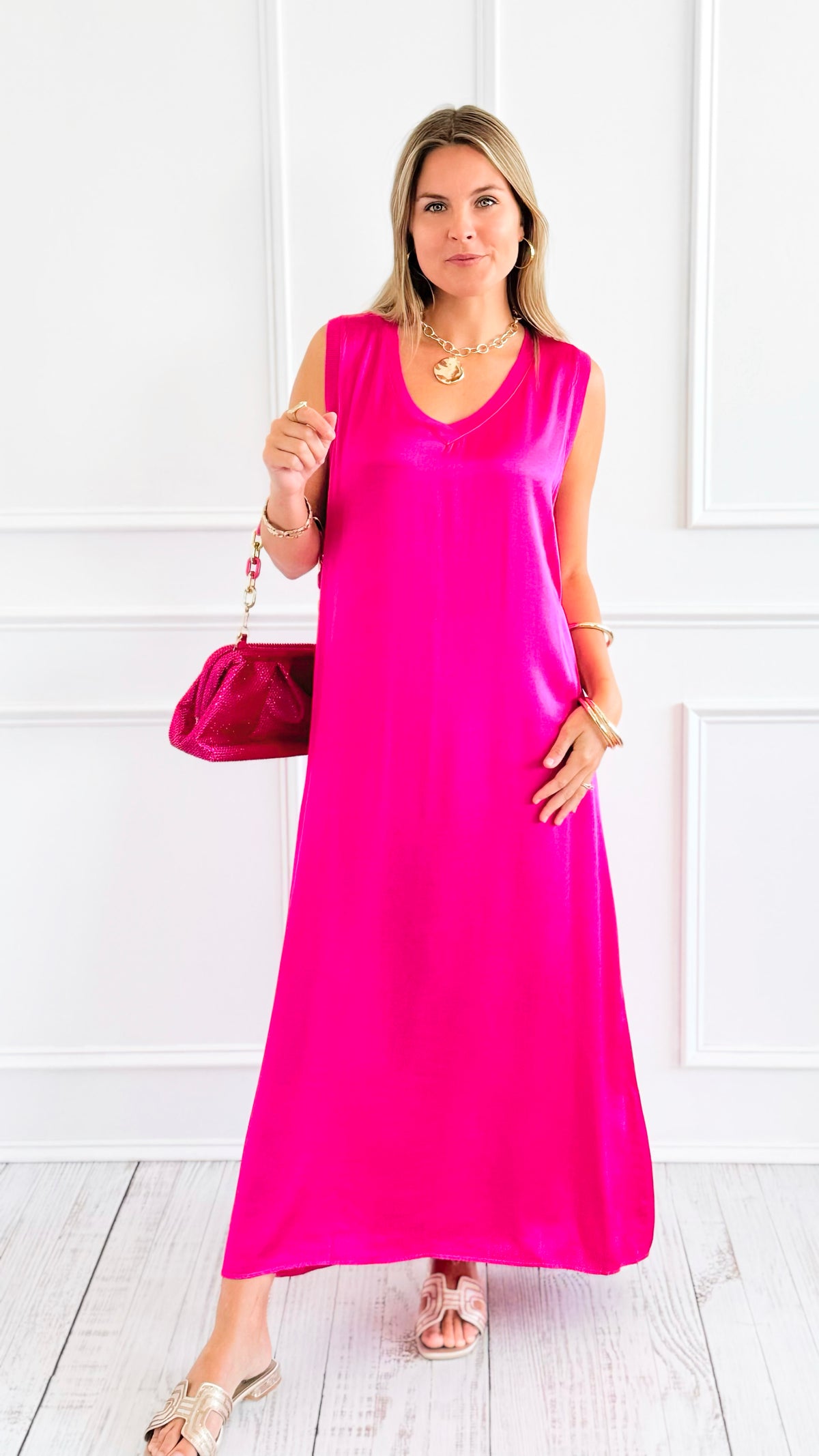 Satin V-Neck Italian Sleeveless Dress- Fuchsia-200 Dresses/Jumpsuits/Rompers-SEPTIMO-Coastal Bloom Boutique, find the trendiest versions of the popular styles and looks Located in Indialantic, FL