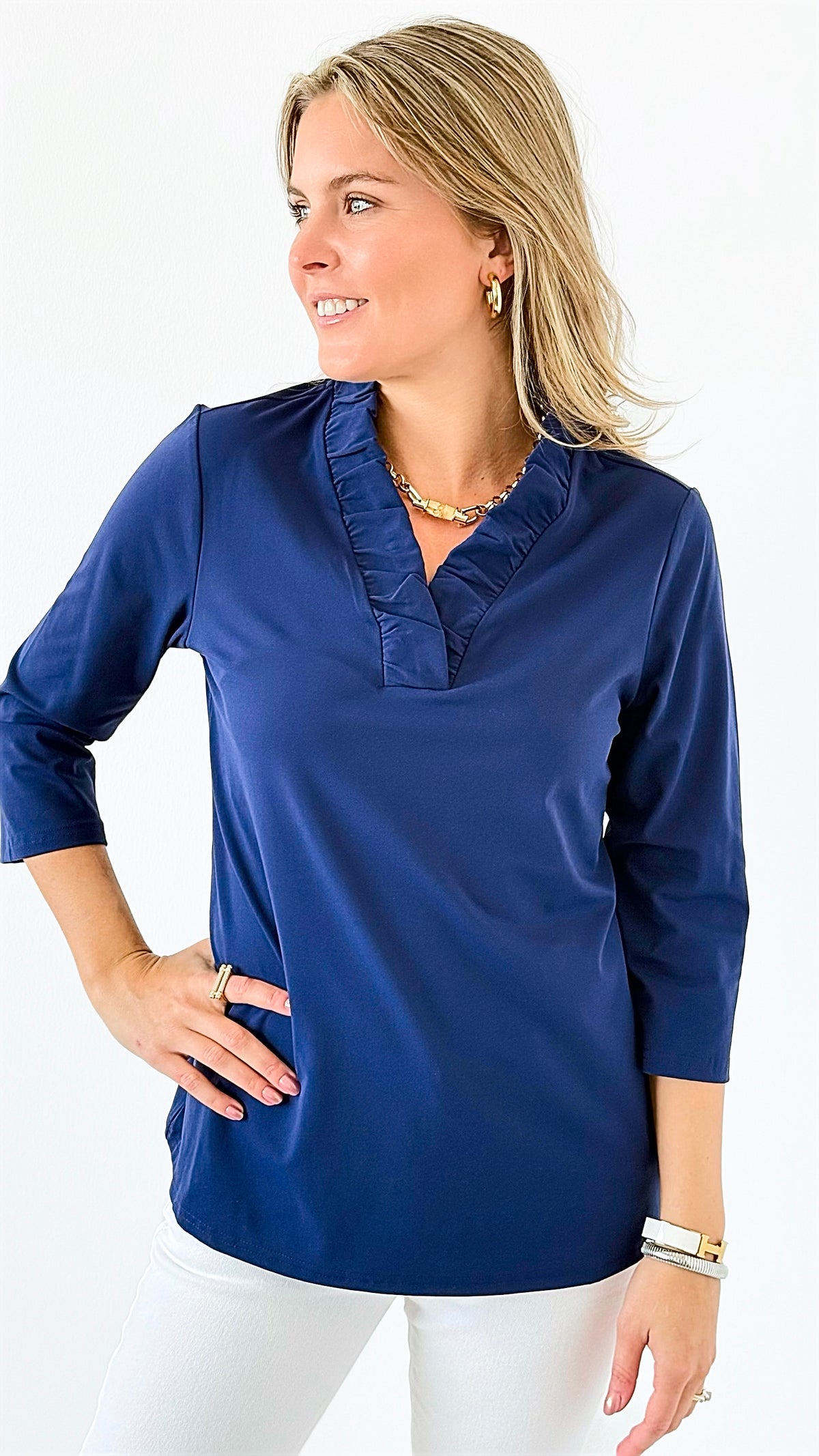 Tabatha Ruffle Neck Top - Navy-130 Long Sleeve Tops-ARYEH-Coastal Bloom Boutique, find the trendiest versions of the popular styles and looks Located in Indialantic, FL