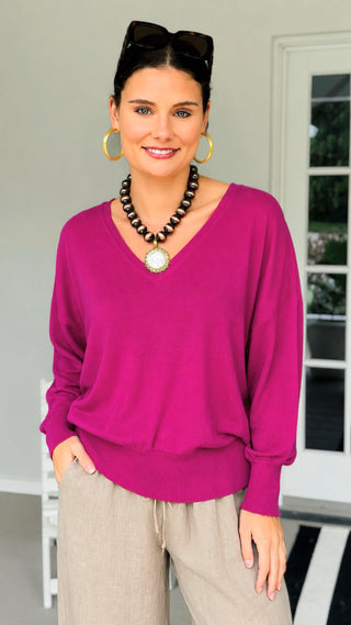 V-Neck Dolman Sleeve Lightweight Knit Top - Light Magenta