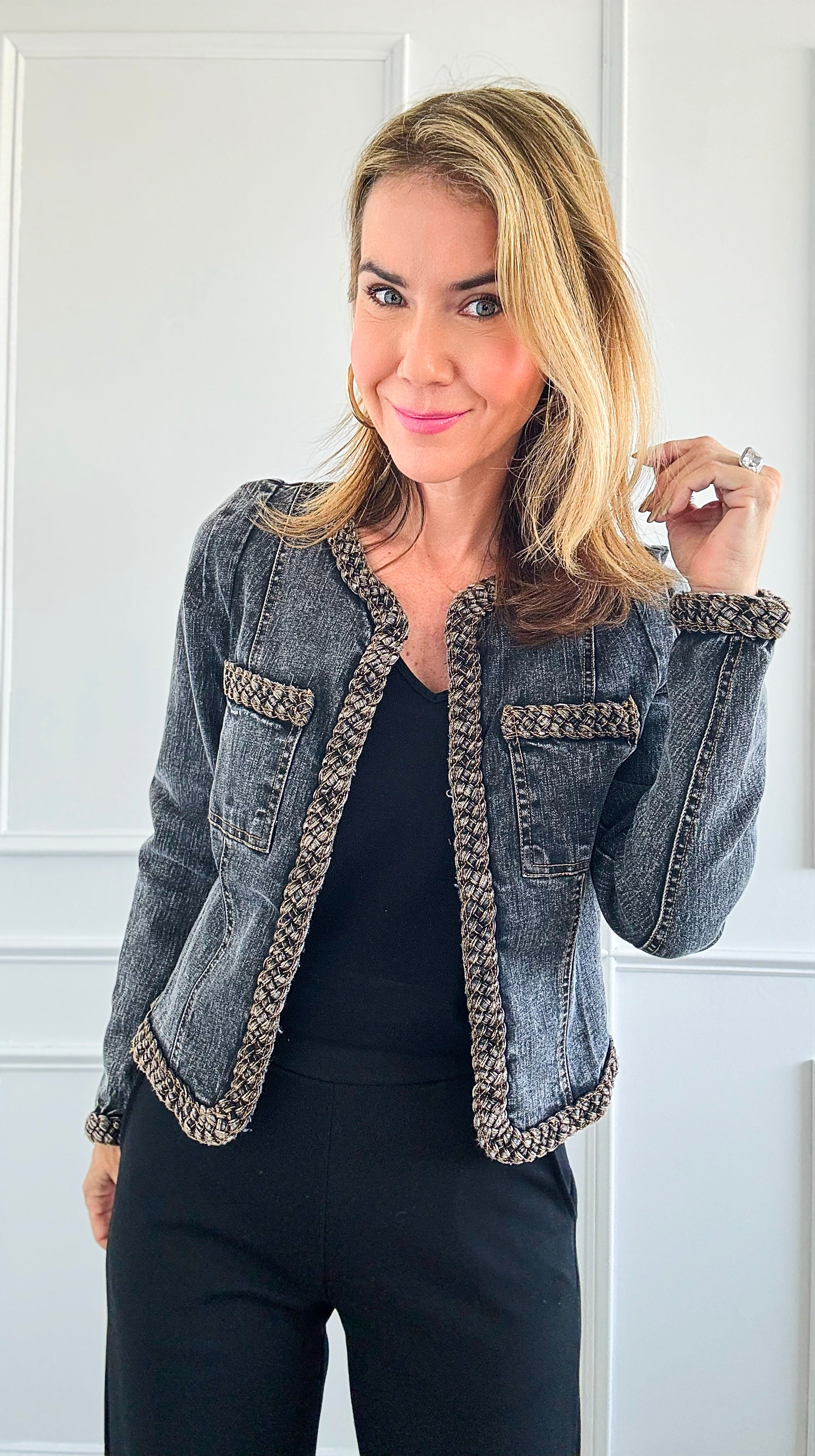 Beautifully Braided Denim Jacket - Black Denim-160 Jackets-Fate By LFD-Coastal Bloom Boutique, find the trendiest versions of the popular styles and looks Located in Indialantic, FL