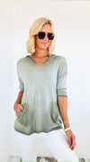 Hoodie V-Neck Italian Sweatshirt Top - Olive-130 Long Sleeve Tops-Tempo-Coastal Bloom Boutique, find the trendiest versions of the popular styles and looks Located in Indialantic, FL