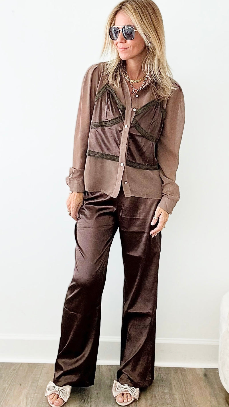Chic Chocolate Matching Silky Set-210 Loungewear/Sets-Rousseau-Coastal Bloom Boutique, find the trendiest versions of the popular styles and looks Located in Indialantic, FL