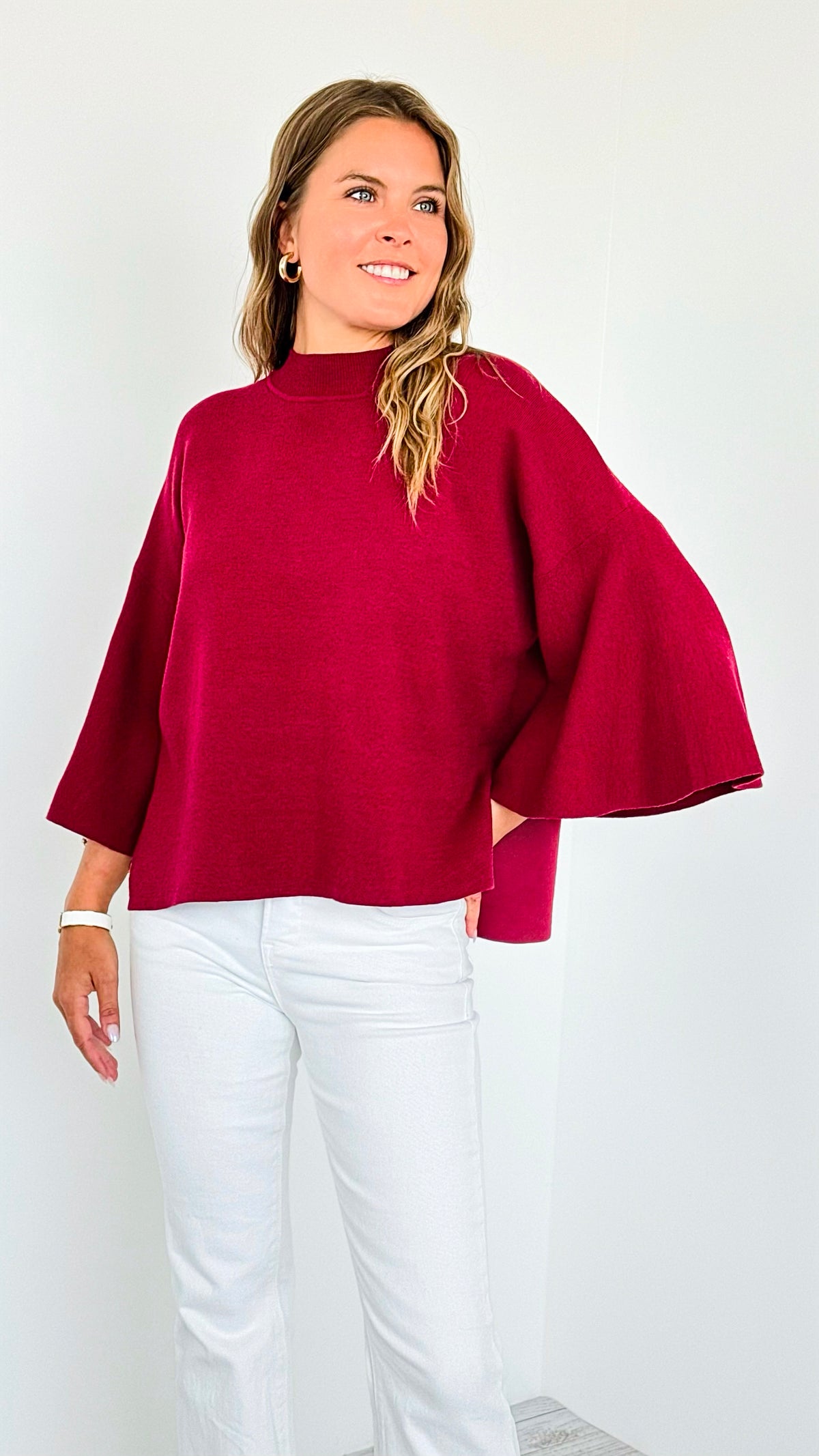Bell Sleeve Sweater - Cabernet-140 Sweaters-Zenana-Coastal Bloom Boutique, find the trendiest versions of the popular styles and looks Located in Indialantic, FL