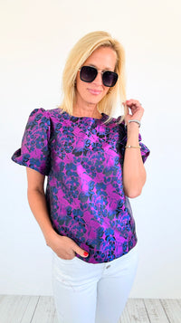 Nocturnal Garden Puff Sleeve Top-110 Short Sleeve Tops-SUGARLIPS-Coastal Bloom Boutique, find the trendiest versions of the popular styles and looks Located in Indialantic, FL