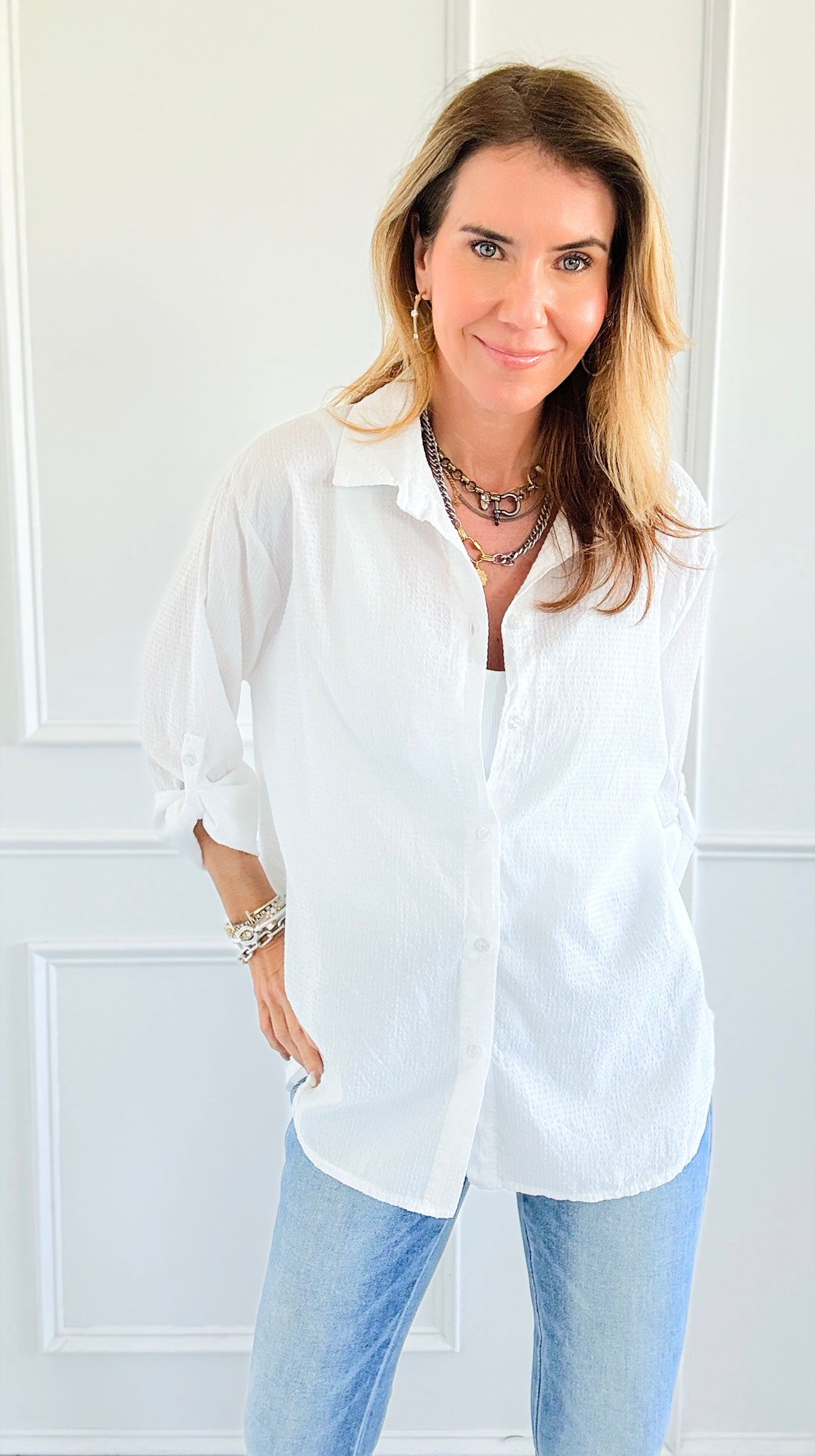 Everyday Ease Seersucker Italian Shirt-170 Bottoms-Italianissimo-Coastal Bloom Boutique, find the trendiest versions of the popular styles and looks Located in Indialantic, FL