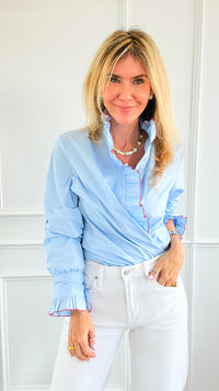 Ruffle Contour Elegance Italian Button Top- Sky Blue