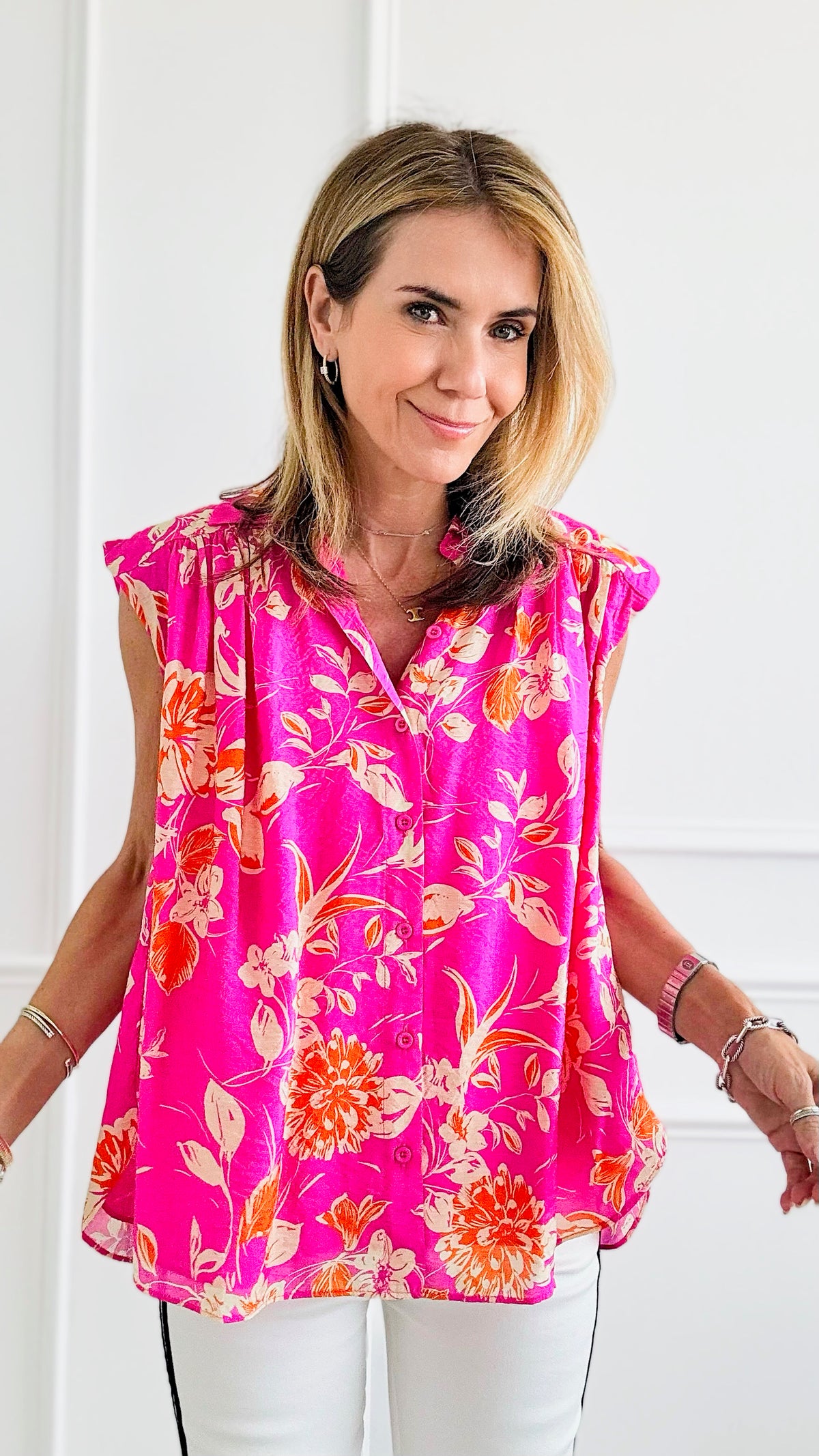 Flower Print Sleeveless Shirt Top-100 Sleeveless Tops-Fate By LFD-Coastal Bloom Boutique, find the trendiest versions of the popular styles and looks Located in Indialantic, FL
