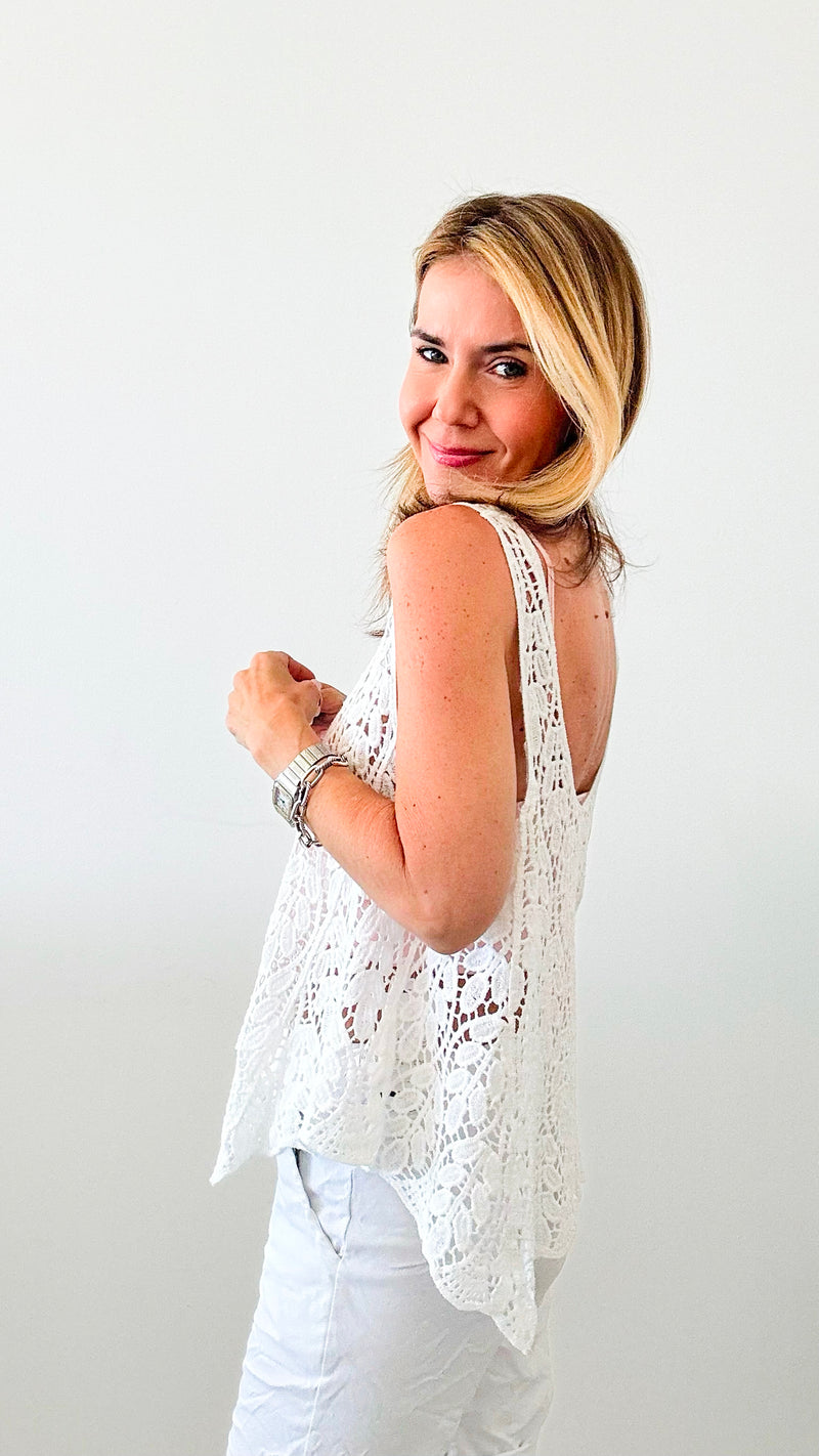 Dainty Diamond Italian Crochet Tank - White-110 Short Sleeve Tops-Italianissimo-Coastal Bloom Boutique, find the trendiest versions of the popular styles and looks Located in Indialantic, FL