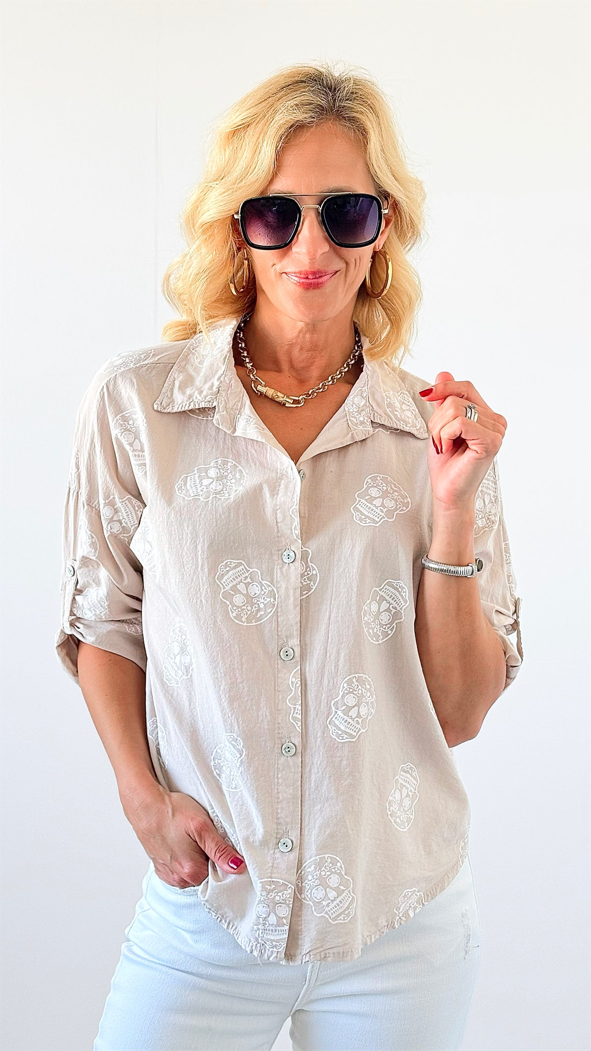 Skull Print Button-Up Blouse-110 Short Sleeve Tops-VENTI6 OUTLET-Coastal Bloom Boutique, find the trendiest versions of the popular styles and looks Located in Indialantic, FL