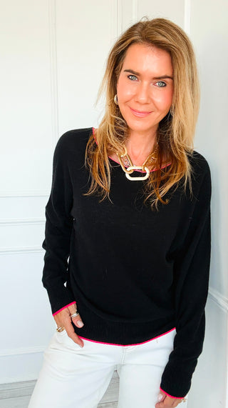 Neon Detail Italian Pullover- Black/ Pink