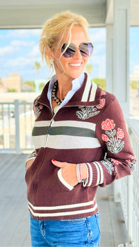 Botanical Zip-Front Knit Cardigan