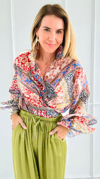 Garden Mosaic Ruffle Bell Sleeve Italian Blouse-130 Long sleeve top-SEÑORITA C-Coastal Bloom Boutique, find the trendiest versions of the popular styles and looks Located in Indialantic, FL