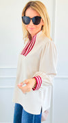 Crimson Trim Statement Top-110 Long Sleeve Tops-JODIFL-Coastal Bloom Boutique, find the trendiest versions of the popular styles and looks Located in Indialantic, FL