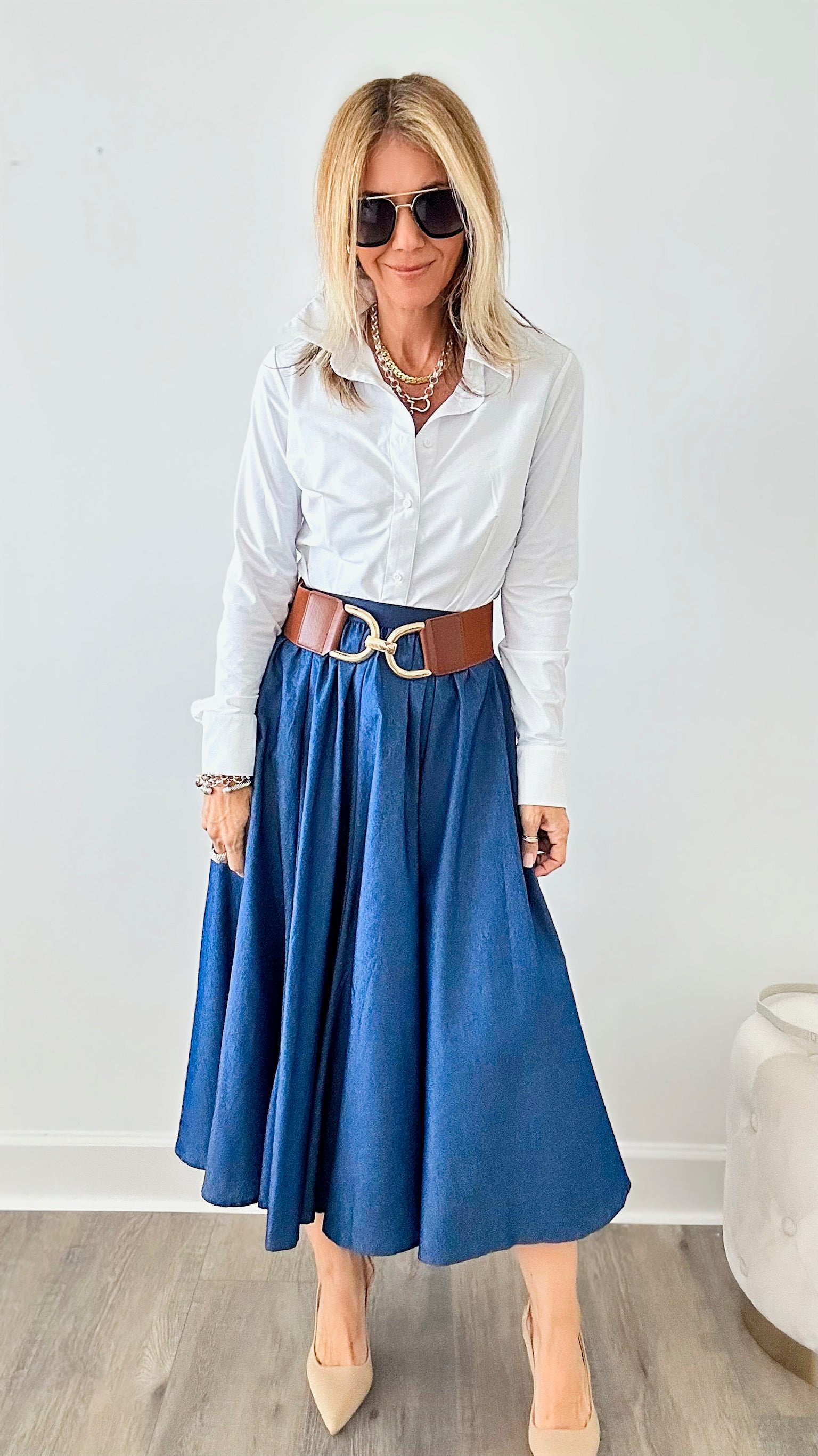 Gored Light Denim Midi Skirt-170 Bottoms-TABA-Coastal Bloom Boutique, find the trendiest versions of the popular styles and looks Located in Indialantic, FL