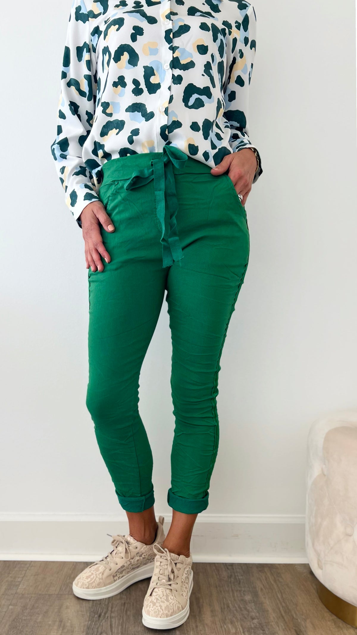 Hot Wash Ribbon Trim Italian Jegging - Kelly Green-180 Joggers-Look Mode-Coastal Bloom Boutique, find the trendiest versions of the popular styles and looks Located in Indialantic, FL