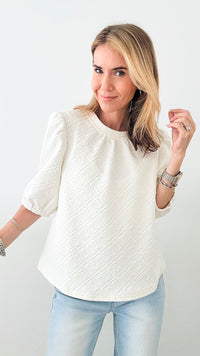 Floral Textured Knit Blouse-Cream-110 Short Sleeve Tops-VOY-Coastal Bloom Boutique, find the trendiest versions of the popular styles and looks Located in Indialantic, FL