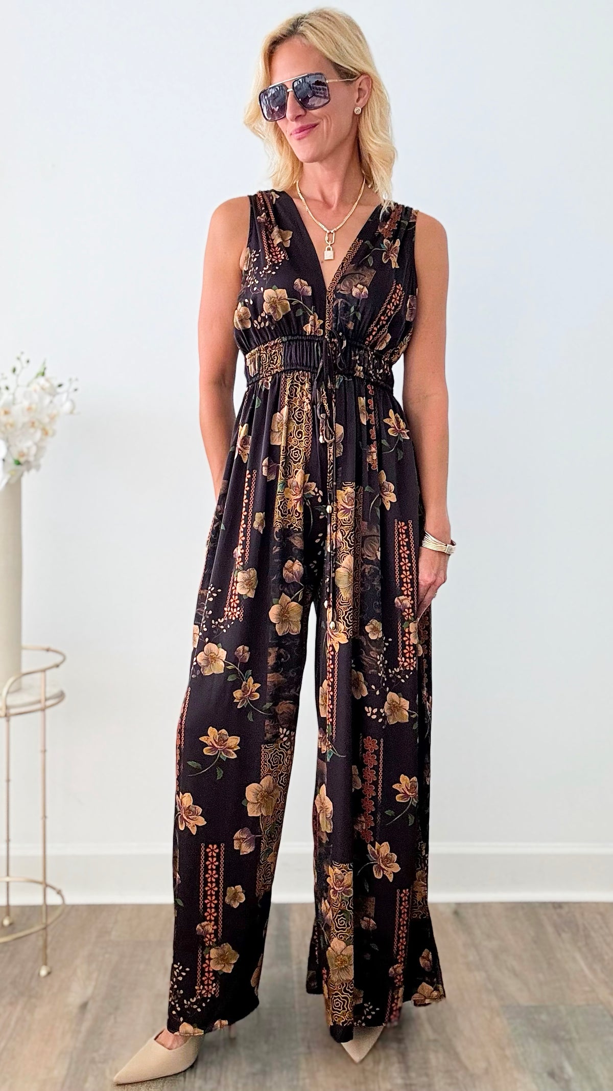 Weekend at the Villa Floral V- Neck Jumpsuit - Black-200 Dresses/Jumpsuits/Rompers-ee:some-Coastal Bloom Boutique, find the trendiest versions of the popular styles and looks Located in Indialantic, FL