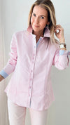 Derby Pink Pinstripe Fitted Blouse-130 Long Sleeve Tops-Grenouille-Coastal Bloom Boutique, find the trendiest versions of the popular styles and looks Located in Indialantic, FL