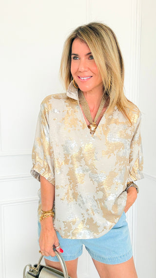 Metallic Puff Sleeve Top - Pearl