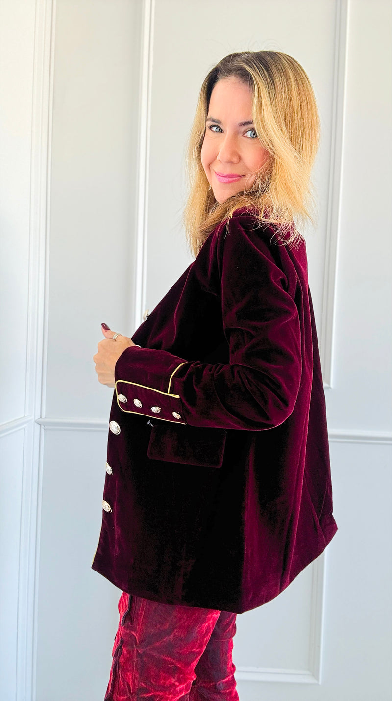 Majestic Velvet Military Blazer - Claret-160 Jackets-Cezele-Coastal Bloom Boutique, find the trendiest versions of the popular styles and looks Located in Indialantic, FL