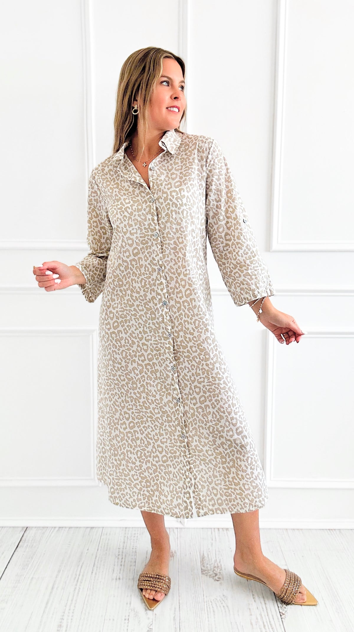 Wild Italian Button Dress- Beige-170 Bottoms-Italianissimo-Coastal Bloom Boutique, find the trendiest versions of the popular styles and looks Located in Indialantic, FL