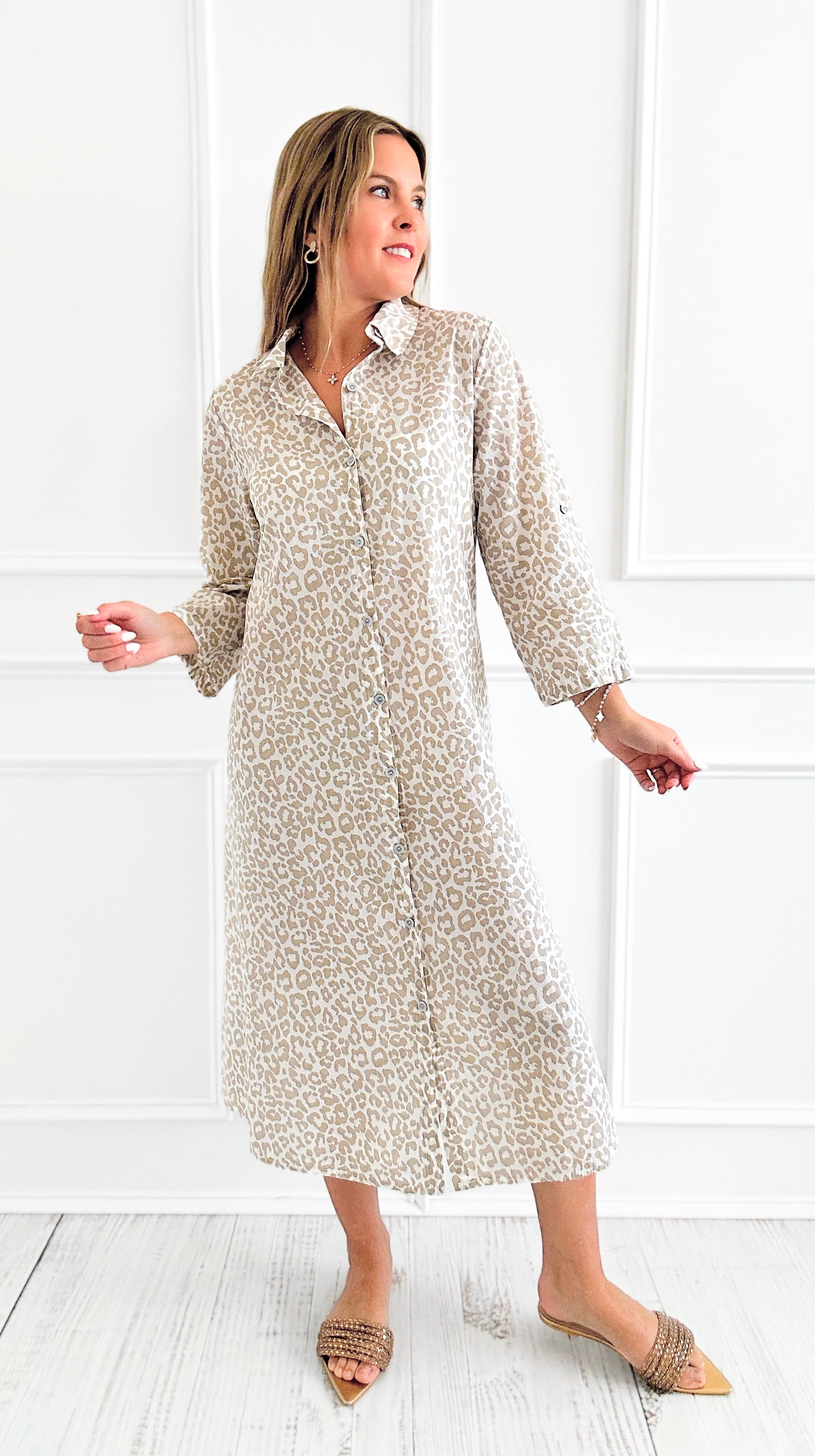 Wild Italian Button Dress- Beige-170 Bottoms-Italianissimo-Coastal Bloom Boutique, find the trendiest versions of the popular styles and looks Located in Indialantic, FL