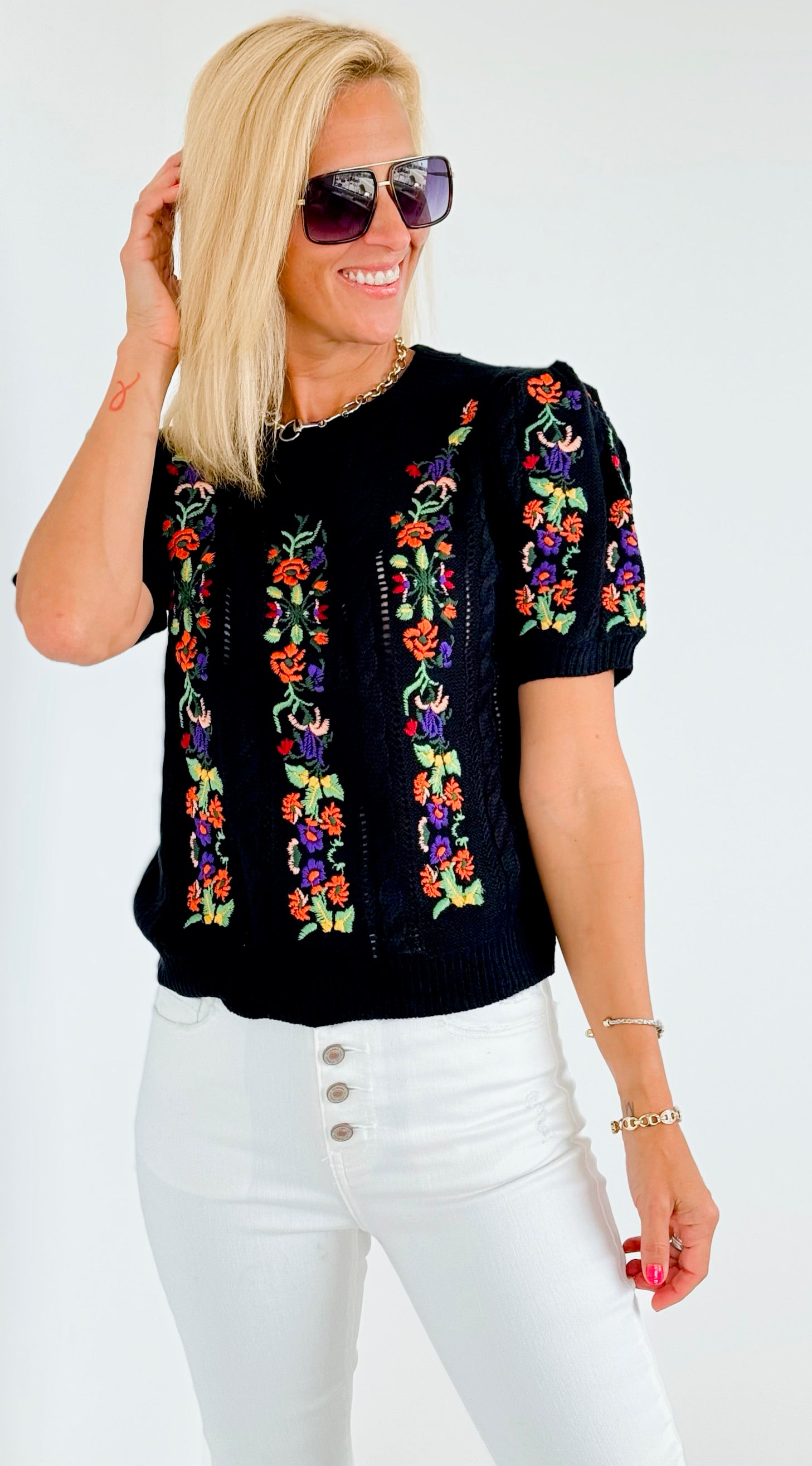 Embroidered Short-Sleeved Crew Neck Sweater - Black-140 Sweaters-BIBI-Coastal Bloom Boutique, find the trendiest versions of the popular styles and looks Located in Indialantic, FL